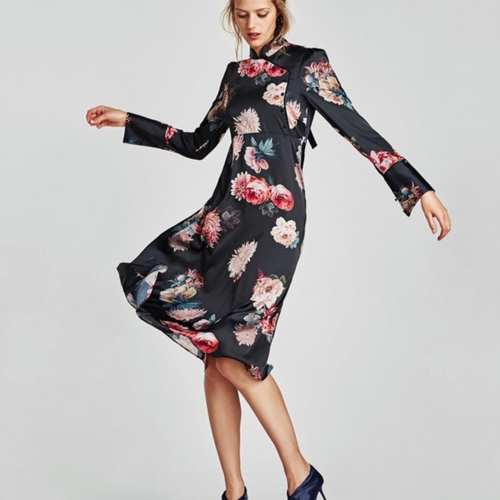 Zara Mandarin Collar Black Floral printed Midi